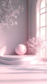 Soft pink sphere rests in a sunlit blossom filled room