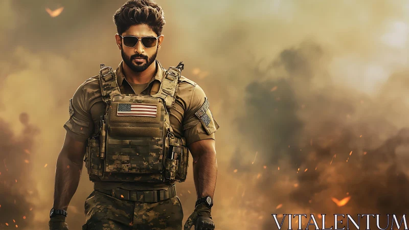 Tactical soldier strides through burning battlefield haze.