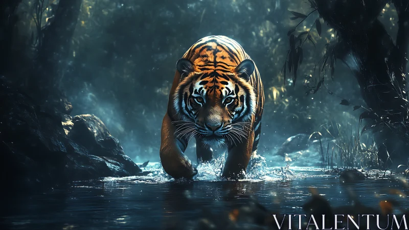 Majestic tiger stalks through misty jungle stream at dawn
