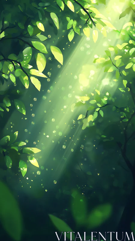 Sunlit forest canopy glows with drifting golden specks