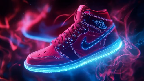 Neon lit Nike high top sneaker in abstract smoke environment.