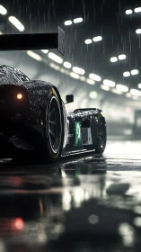 Endurance prototype race car under rain in reflective pit lane