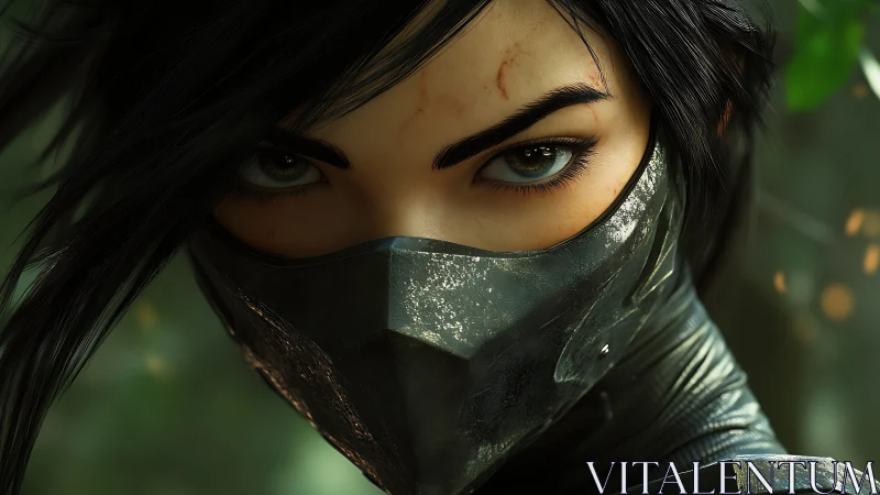 Masked female assassin portrait with intense green gaze.