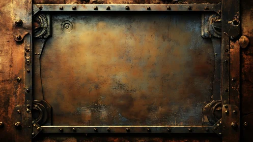 Riveted steampunk metal plate with weathered industrial frame.