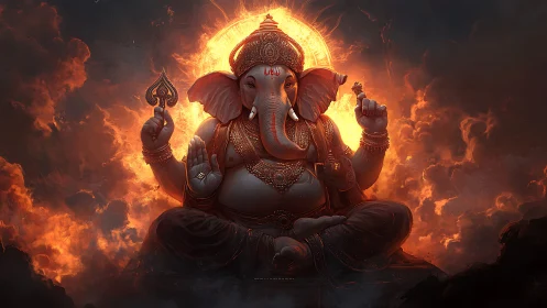 Radiant elephant deity resting in a halo of living fire.