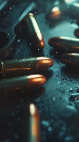 Rain covered pistol rounds on reflective dark surface.