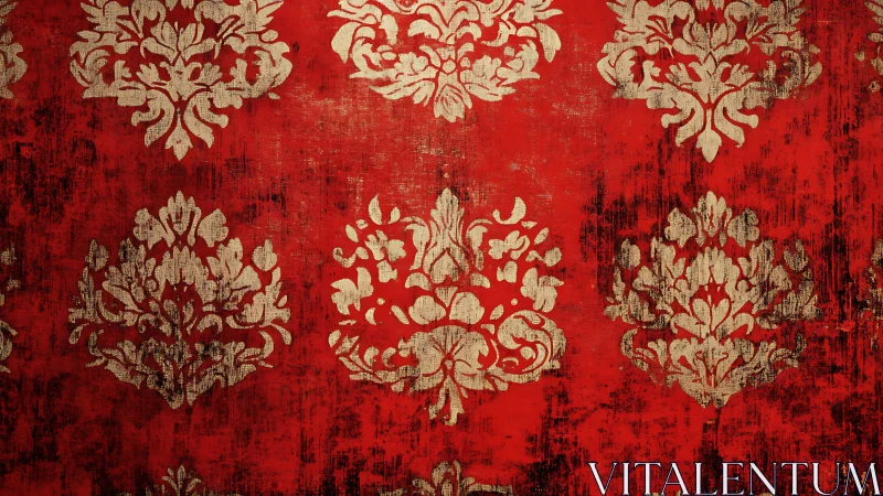 Red damask pattern with distressed gold ornamental motifs.