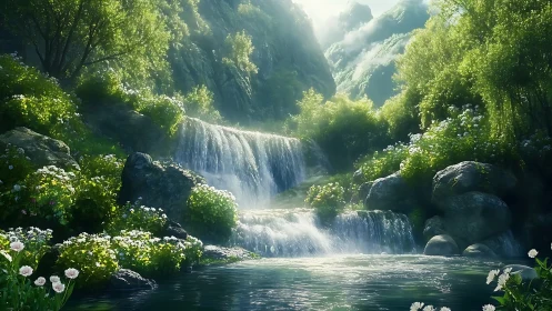 Sunlit forest waterfall inviting you into a quiet green haven.