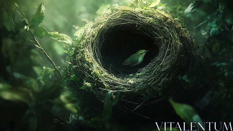 Small green bird resting inside large mossy forest nest.