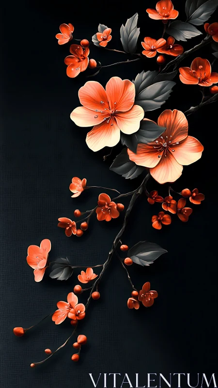 Coral Floral Branch Arrangement with Dark Foliage and Glossy Petals