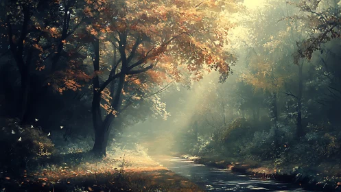Enchanted Forest Stream: Where Autumn Whispers Meet Golden Light.