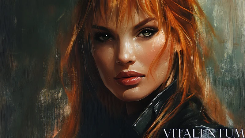 Digital portrait of red haired woman in dark textured setting.