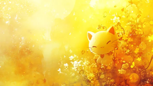 Stylized lucky cat amid high-key golden floral bokeh field