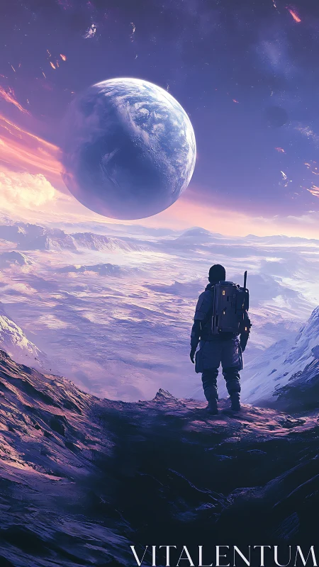 Lone astronaut surveys glacial alien valley under looming planet