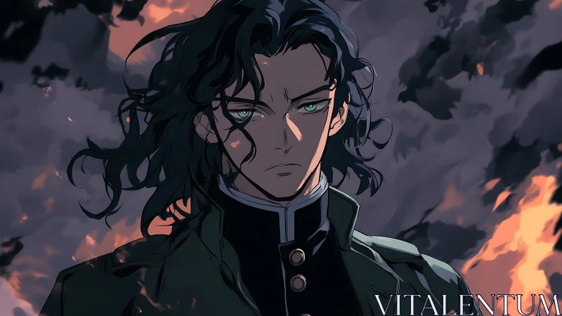 Storm-eyed anime hero stands calm amid rising flames