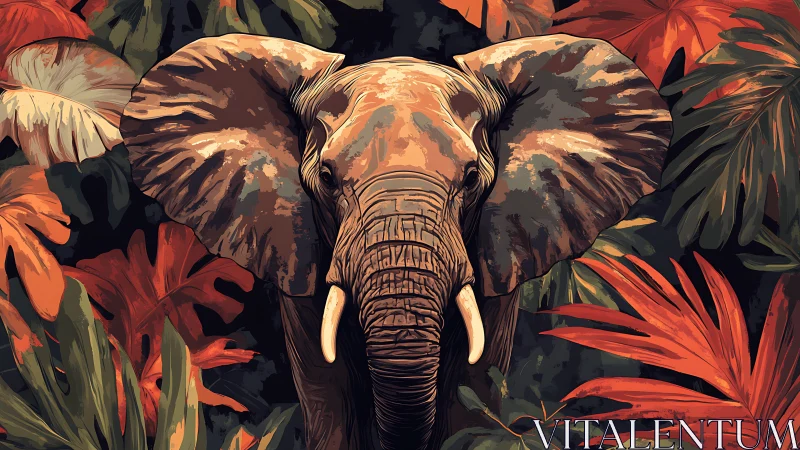 Elephant portrait framed by bold tropical jungle foliage.