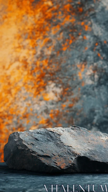 Weathered rock slab before fiery abstract backdrop.