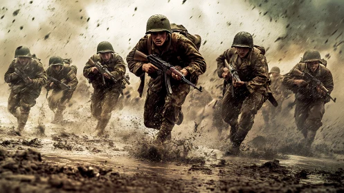 Infantry squad storms muddy battlefield under shrapnel spray.