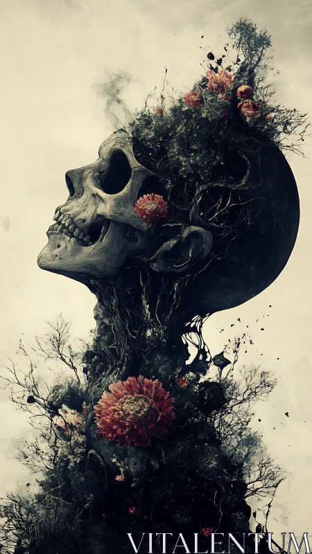 Human skull merging with flowers and twisted branches.