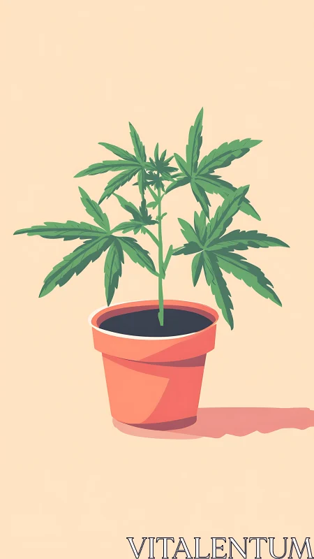 Potted cannabis plant stands centered on flat pastel ground