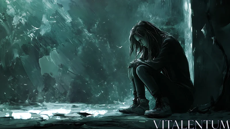 Solitary figure curls in teal shadows, lost in silent grief.