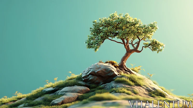 Hilltop bonsai dream basking in gentle turquoise daylight glow.