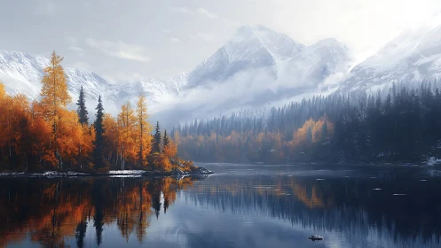 Golden autumn trees embracing a misty mountain lake view.