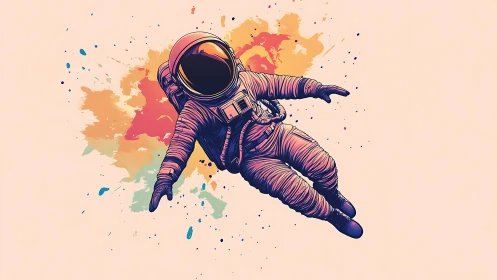 Colorful illustrated astronaut floating on pastel backdrop.