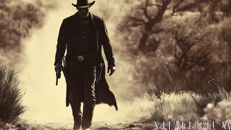 Dusty trail drifter strides through a quiet western hush.