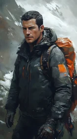 Mountain trekker stands in stormy alpine wilderness