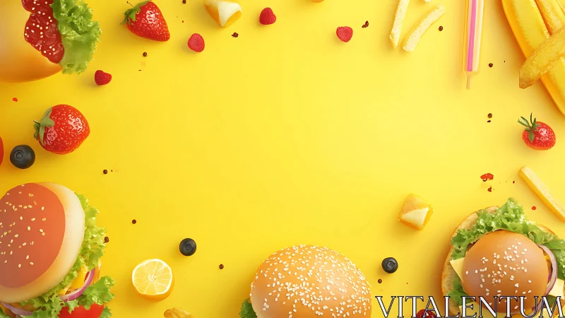 Color-saturated burger border with fries and fruit on yellow.