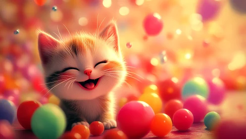 Radiant White Kitten Laughing Among Colorful Sphere Bokeh