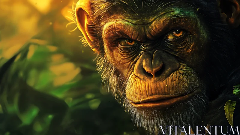 Primate portrait under golden jungle light, intense gaze.