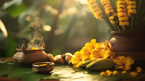 Sunlit Hindu offering still life with brass incense vessel