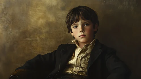 Young Boy in Black Suit Against Burnished Gold Backdrop.