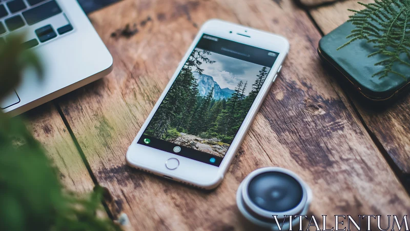 White iPhone displaying mountain landscape with portable lens on wooden desk