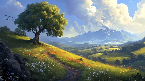 Sunlit hillside trail wandering toward whispering peaks.