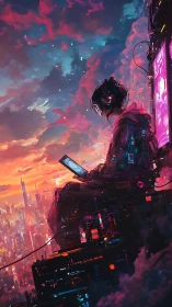 Solitary cyberpunk hacker overlooks neon city at sunset