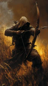 Hooded medieval archer draws bow amid blazing backlit field