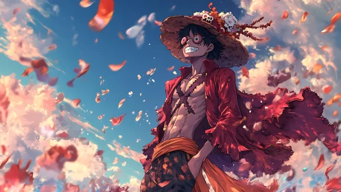 Straw hat anime character stands smiling in windy sunset sky