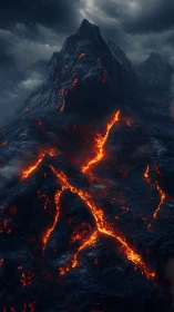 Glowing lava rivers winding across a brooding dark volcano.