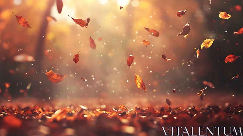 Dry autumn leaves drift through warm backlit forest air