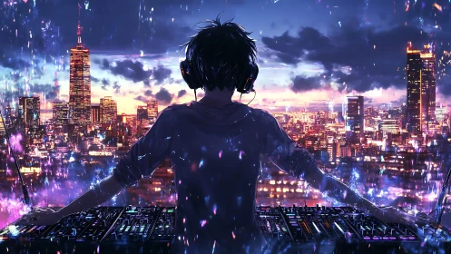Nighttime city DJ controls luminous skyline soundscape