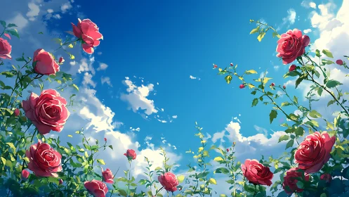 Anime rose garden under bright summer sky panorama.