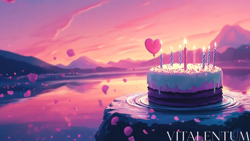 Birthday Cake with Lit Candles in Surreal Pink Landscape