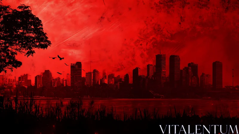 Crimson city skyline glows against a dramatic evening horizon