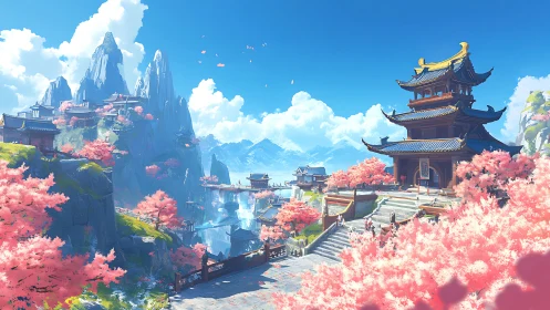 Mountain temple complex under cherry blossoms in spring.