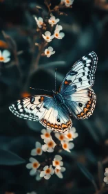 Macro butterfly study on blossoms with teal and amber bokeh