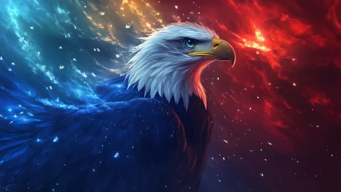 Majestic Bald Eagle Digital Artwork with Fiery and Cool Sky.
