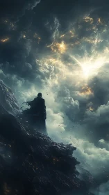 Solitary cloaked figure on cliff under luminous storm sky.